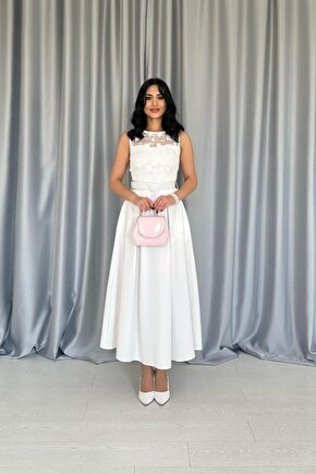 Gökyüzü Moda Beyaz Önü Dantel Detaylı Kemerli Elbise