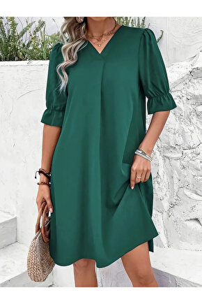 Gökyüzü Moda Kadın Kısa Kollu V Yakalı Salaş Janjan Krep Elbise