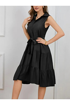 Gökyüzü Moda Kadın Kısa Kollu Gömlek Yaka Düğmeli Beli Kuşaklı Katlı Dokuma Midi Elbise