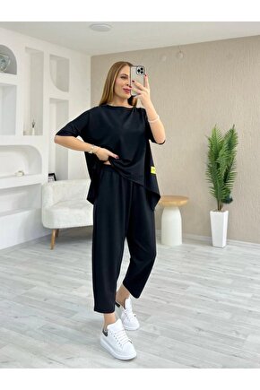 Gökyüzü Moda Kadın Kısa Kollu Bisiklet Yaka Viskon Iki Iplik Bluz Ve Pantolon Ikili Takım