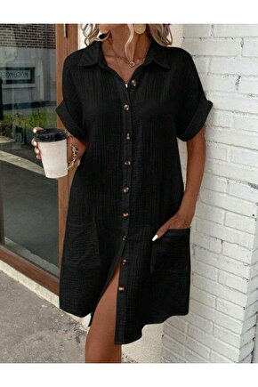 Kadın Kısa Kollu Bisiklet Yaka Yandan Yırtmaçlı Viskon Midi Elbise