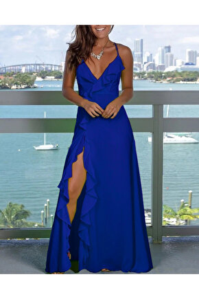 Gökyüzü Moda Kadın Ip Askılı Dekolteli Yırtmaç Detay Krep Elbise