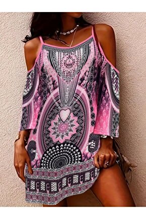 Gökyüzü Moda Kadın Askılı Omuzlardan Açık Truvakar Kol Desenli Kısa Süprem Elbise