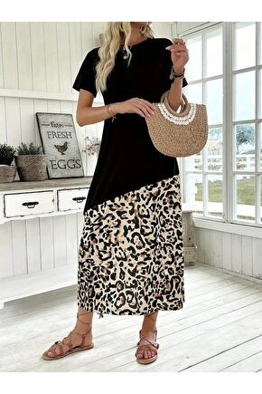 Gökyüzü Moda Kadın Kısa Kollu Bisiklet Yaka Leopar Detaylı Midi üst Viskon Alt Süprem Elbise