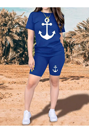 Kadın Kısa Kollu çapa Baskılı Viskon Ikili Takım