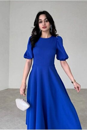 Gökyüzü Moda Kadın Kısa Balon Kollu Bisiklet Yaka Geniş Kesim Janjan Krep Elbise