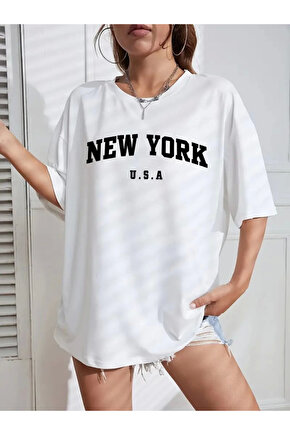 Gökyüzü Moda New York Baskılı Oversize Bisiklet Yaka T-shirt - Beyaz