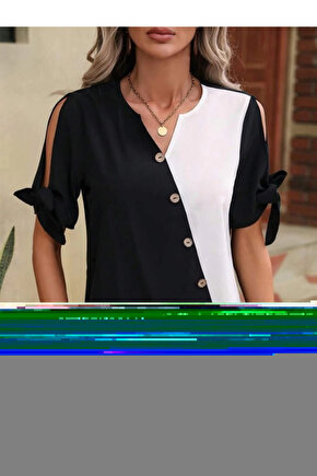 MDB Kadın Kısa Kollu Kollardan Bağlamalı önden Asimetrik Kesim çift Renk Detaylı Düğmeli Ithal Krep