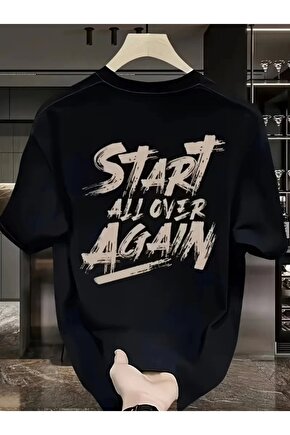 Baskılı Oversize Bisiklet Yaka T-shirt - Siyah