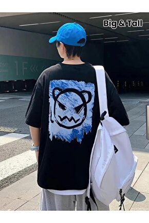 Baskılı Oversize Bisiklet Yaka T-shirt - Siyah