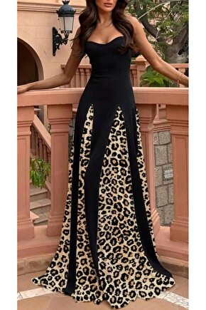Gökyüzü Moda Kadın Dalgıç Kumaş Leopar Desenli Kloş Elbise