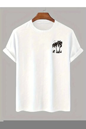 Unisex Bisiklet Yaka Baskılı Oversize T-Shirt - Beyaz