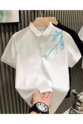 Gökyüzü Moda Unisex Yakası Düğmeli Oversize Baskılı T-Shirt - Beyaz