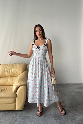 Gökyüzü Moda Bebe Mavi Önü Fiyonklu Çiçekli Elbise