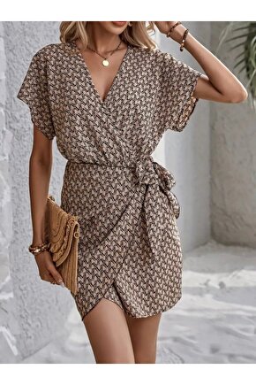 Gökyüzü Moda Kadın Kısa Yarasa Kollu önden Kruvaze Yaka Detaylı önden Bağlamalı Desenli Süprem Elbis