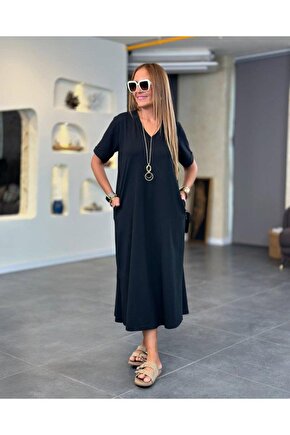 Gökyüzü Moda Kadın Kısa Kollu V Yakalı Cep Detaylı Uzun Viskon Iki Iplik Elbise