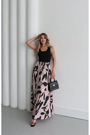 Gökyüzü Moda Kadın Askılı Yuvarlak Yaka üst Viskon Alt Desenli Uzun Süprem Elbise