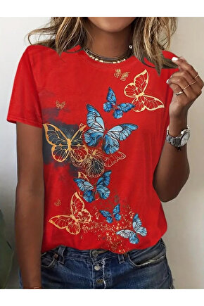 Gökyüzü Moda Kadın Kısa Kollu Mavi Sarı Kelebek Baskı Süprem Bluz