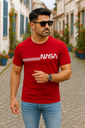 Gökyüzü Moda Erkek Kısa Kollu Nasa Baskı Basic Erkek T-shirt