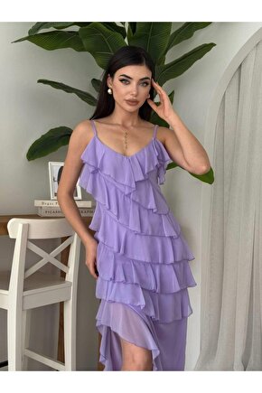 Gökyüzü Moda Ples Yırtmaç Detaylı Elbise