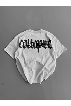 Baskılı Oversize Bisiklet Yaka T-shirt - Beyaz