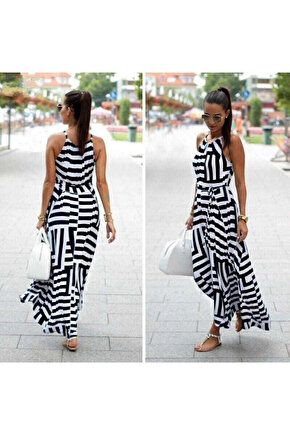 Gökyüzü Moda Kadın Ayarlanabilir Askılı Geometrik Desen Kuşaklı Gipeli Süprem Elbise