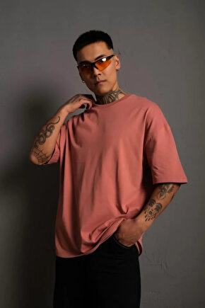 Gökyüzü Moda Erkek 241 Düz A Kalite Oversize T-shirt - Gül Kurusu