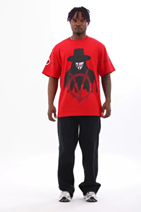 Gökyüzü Moda Unisex Oversize Baskılı Bisiklet Yaka T-Shirt - Kırmızı