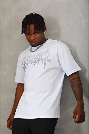 Unisex Oversize Baskılı Bisiklet Yaka T-Shirt - Mavi