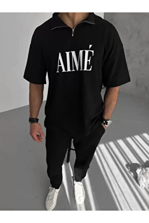 eyesof Unisex Yarım Fermuarlı Baskılı T-Shirt - Siyah