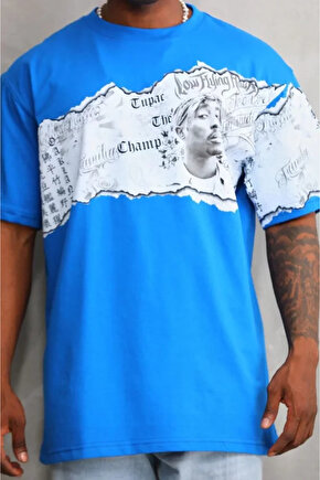 Gökyüzü Moda Unisex Bisiklet Yaka Baskılı Oversize T-Shirt - Mavi