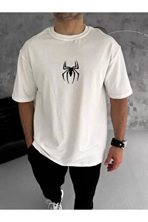 Unisex Bisiklet Yaka Baskılı Oversize T-Shirt - Beyaz