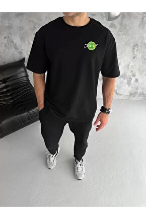 Unisex Bisiklet Yaka Baskılı Oversize T-Shirt - Siyah