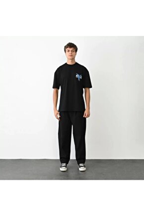 Unisex Bisiklet Yaka Baskılı Oversize T-Shirt - Siyah