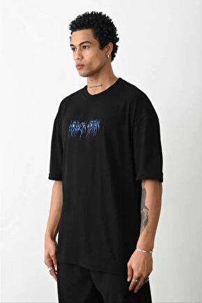 Unisex Bisiklet Yaka Baskılı Oversize T-Shirt - Siyah