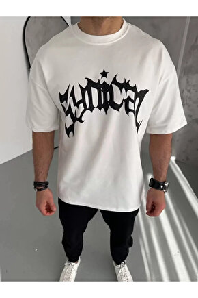Unisex Bisiklet Yaka Baskılı Oversize T-Shirt - Beyaz