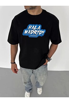 Unisex Bisiklet Yaka Baskılı Oversize T-Shirt - Siyah