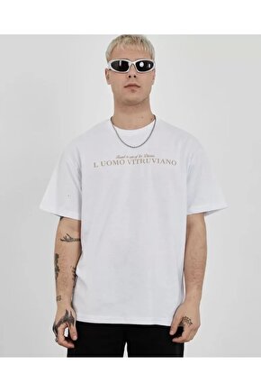 Unisex Bisiklet Yaka Baskılı Oversize T-Shirt - Beyaz