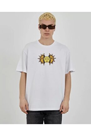 Unisex Bisiklet Yaka Baskılı Oversize T-Shirt - Beyaz