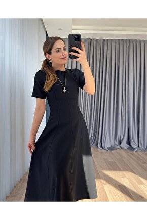 Gökyüzü Moda Kadın Kısa Kollu Bisiklet Yaka Maksi Boy Ithal Krep Elbise