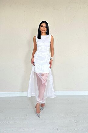 Gökyüzü Moda Beyaz Organze Detaylı Atlas Elbise