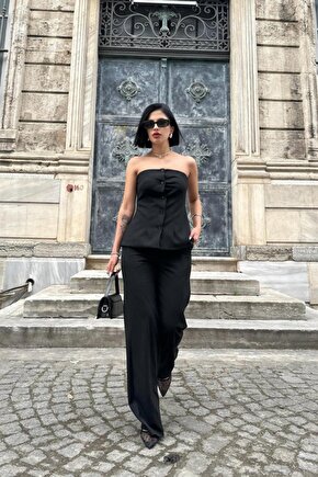 Gökyüzü Moda Siyah Straplez Düğmeli Crop Ve Pantolon Takım