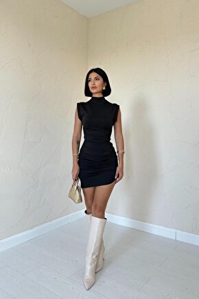Gökyüzü Moda Siyah Büzgülü Kolsuz Elbise
