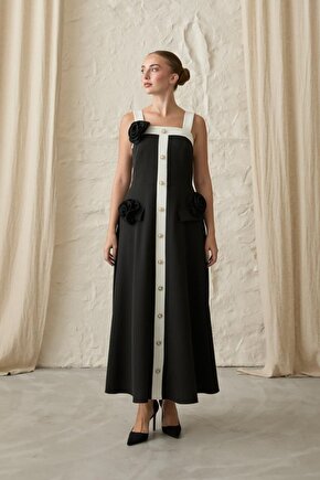 Gökyüzü Moda Siyah Güllü Askılı Elbise