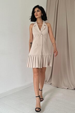 eyesof Bej Sırtı Açık Ceket Yakalı Elbise