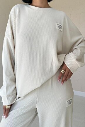 Gökyüzü Moda Bej Klasik Fitilli Kazak Ve Pantolon Takım