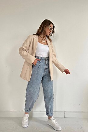 Gökyüzü Moda Bej Düğmeli Deri Ceket