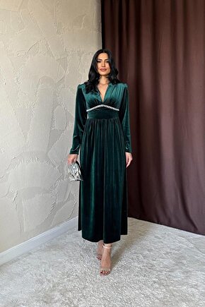 Gökyüzü Moda Zümrüt Göğüs Altı Taşlı Elbise