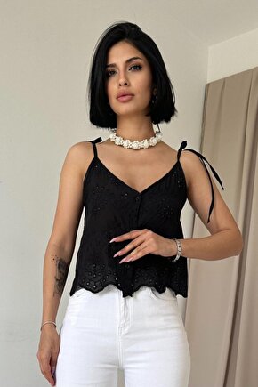 Gökyüzü Moda Siyah Bağcıklı Brode Bluz