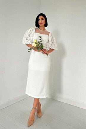 Gökyüzü Moda Beyaz İncili Tül Detay Elbise